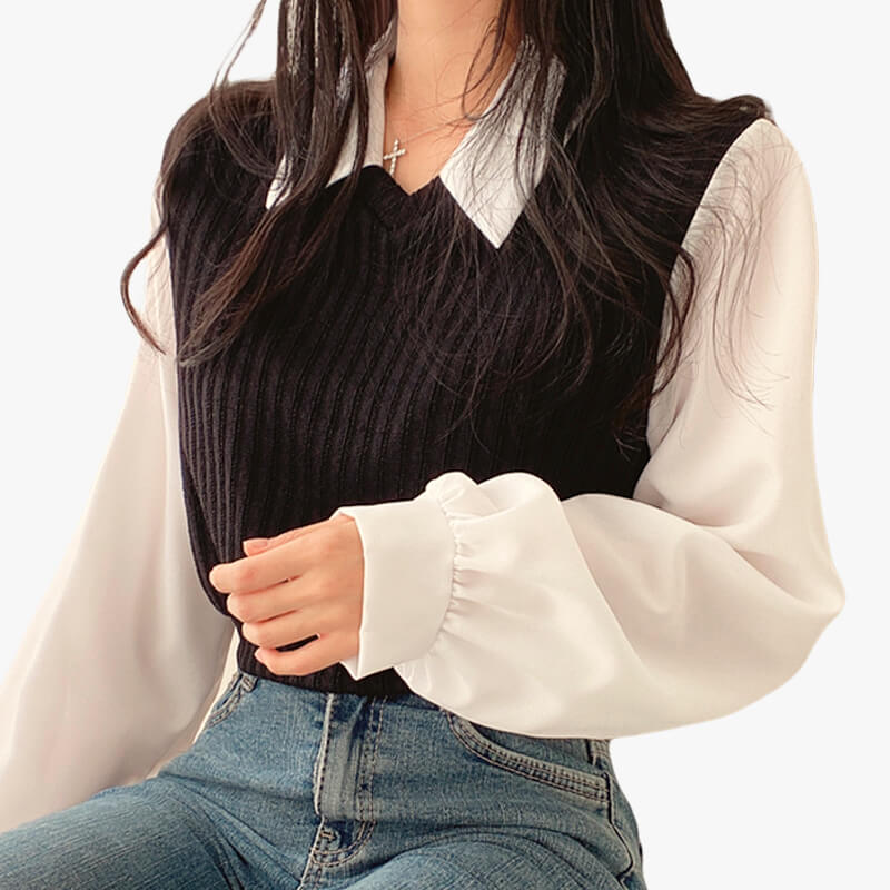 benpaolv Light Academia White Shirt With Retro Knitted Vest