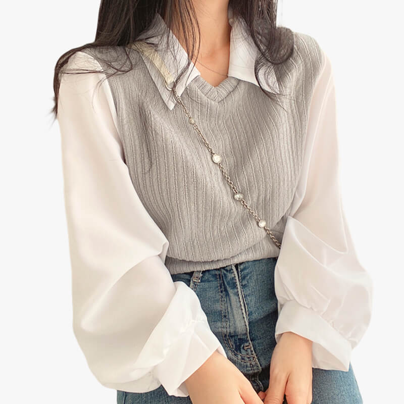 benpaolv Light Academia White Shirt With Retro Knitted Vest