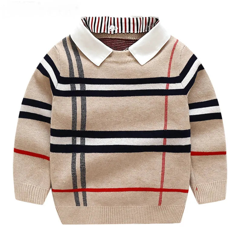 Autumn Warm Wool Boys Sweater Plaid Children Knitwear Boys Cotton Pullover Sweater 2-7y Kids Fashion Outerwear